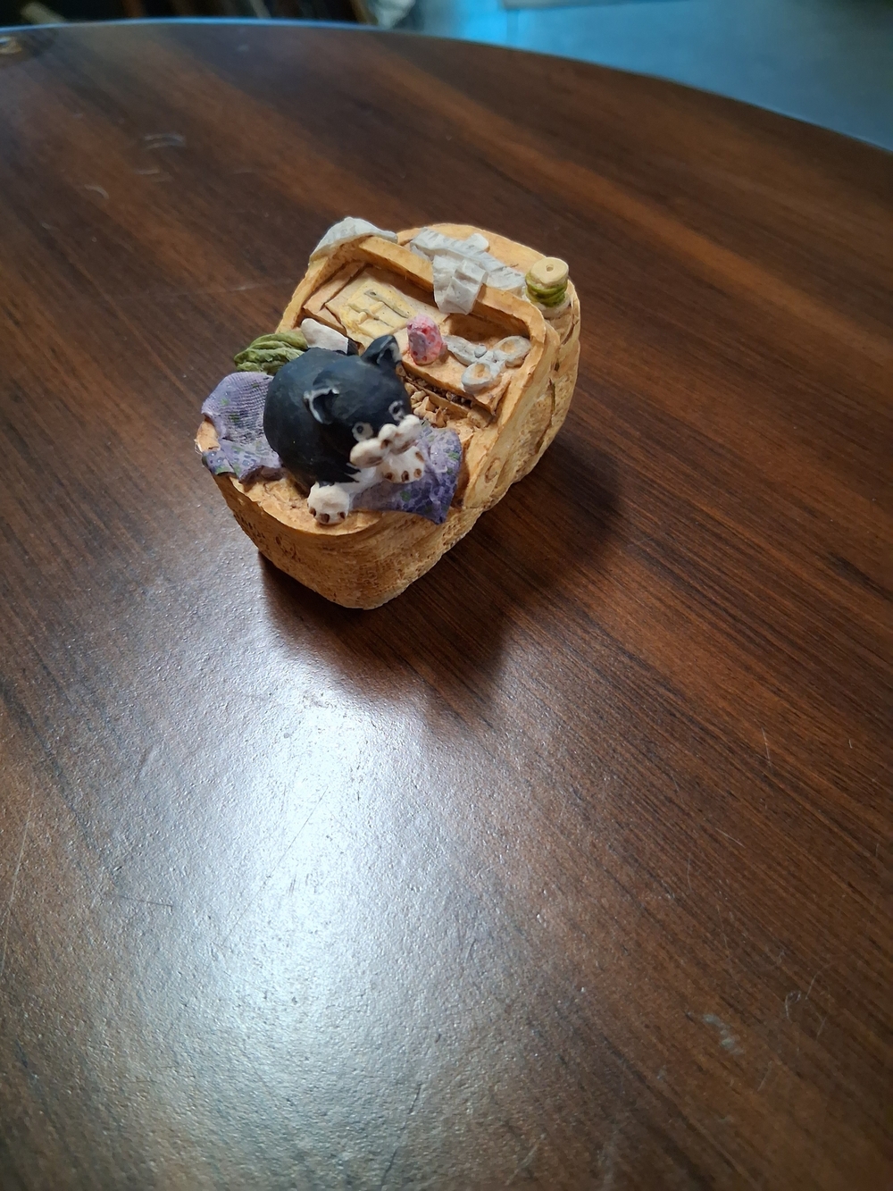 Used Black Cat Figurine in Wicker Basket Decorative Ornament.